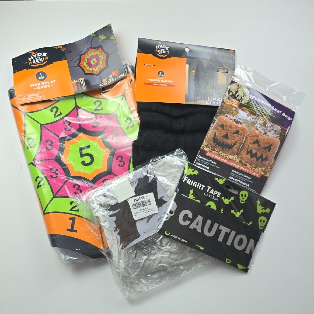 Halloween Decor Bundle – Leaf Bags, Fright Tape, Toss Game & Gauze Cloth